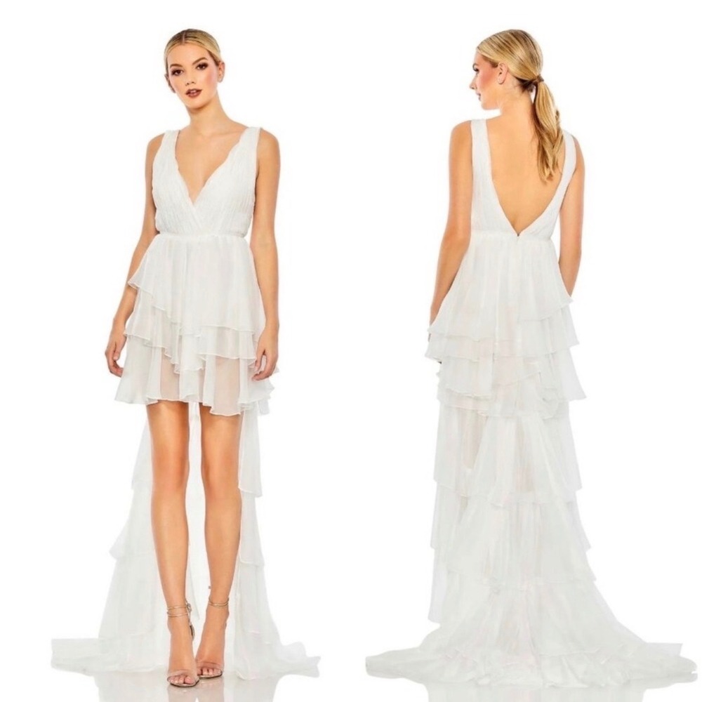 Mac Duggal Ieena  High Low‎ Tiered Gown Built-In Bodysuit White Sz 4 NWT